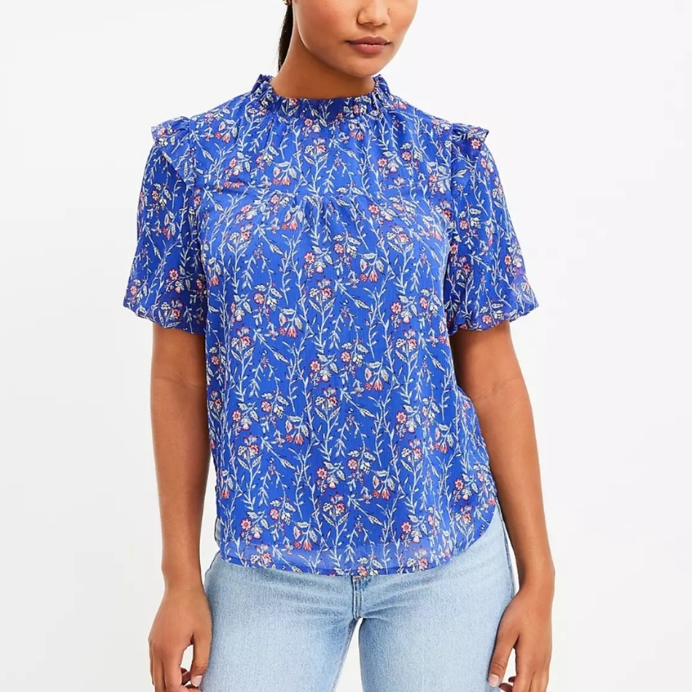 NWT LOFT Floral Ruffle Neck Puff Sleeve Top Cottagecore Blue, size M